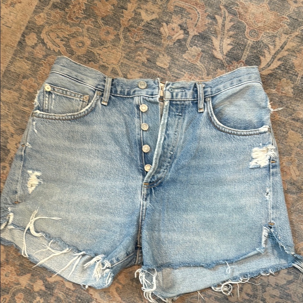 Agolde Blue Distressed Jean Shorts High-Rise